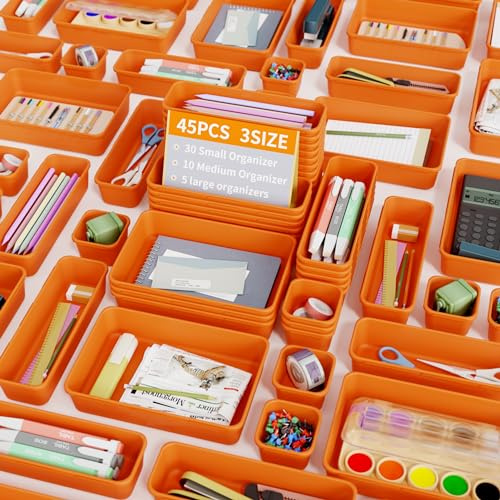 45 Stücke Schubladen Organizer Büro Mit 3 Größen, Schminktisch Make Up Organizer Schublade, Aufbewahrung Schreibtisch Organizer Schubladen Ordnungssystem für Küchen, Schlafzimmer, Bad, Büro, Orange