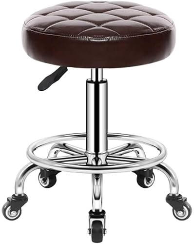 Rollhocker mit Rollen, Hocker auf Rollen, Drehhocker auf Rollen, verstellbarer Rollhocker, 46–61 cm, gepolsterter Sitzbezug mit synthetischem Drehstuhl (Farbe: Braun)