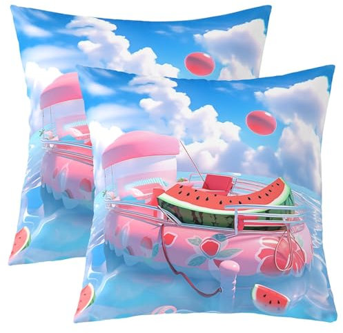 Couverture d'oreiller de Serrage de Melon d'eau de Cartoon 45x45 Lot de 2,Fleur Rose Bouée de Sauvetage Hold Taie d'oreiller Enfants Été Cool Style Housse de Coussin Mignon Melon d'eau Imprimé Décor