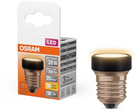 OSRAM LED Star Flat da 3,5 W (come 28 W), 300 lm/2700 K, 827 bianco caldo, satinato, plastica nera, con filettatura E27, non dimmerabile, diametro 35 mm.