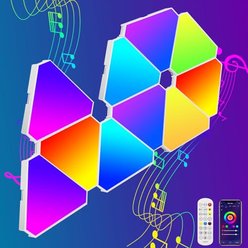 ZONJIE Paneles de luz LED triangulares - Paquete de 10 luces LED triangulares para configuración de juegos, lámpara de pared triangular inteligente, módulo de empalme de geometría DIY, control remoto