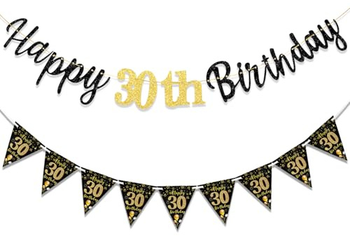 TOPWAYS Deko 30 Geburtstag Banner Frauen Mann, Schwarz Gold Geburtstagsdeko 30. Geburtstag Girlande Happy 30 Birthday Banner Wimpelkette für 30Geburtstag Frauen Männer Deko (Geburtstag30)