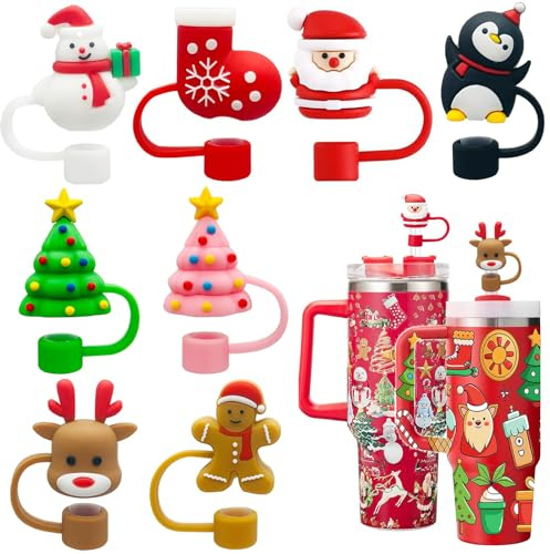 TELAIN 8 Stück 3D Weihnachts Strohhalm Abdeckung Silikon Strohhalm Deckel für Stanley 30&40 Oz Tumbler,BPA Frei und Wiederverwendbar