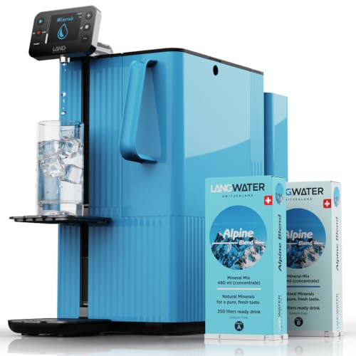 LANGWATER Auftisch Osmoseanlage mit Anpassbarer Mineralisierung & Heißwasserspender - Umkehrosmoseanlage mit 4-stufigem Wasserfilter (langlebige NSF58 RO, UV) & 2 Mineralpacks aus der Schweiz