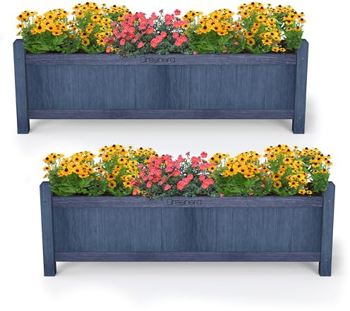 Vivo Technologies Set of 2 Extra Large Rectangular Wooden Planters Outdoor Garden Planter Box Planting Raise Bed Plants Flowers Plant Pot Natural Long Wood Pot,90x20x31 cm,Grey