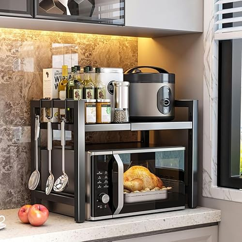 Esenlong Estante expandible para horno microondas, estante organizador de encimera de cocina, estante de almacenamiento para parrilla, estantes ajustables de acero al carbono para microondas