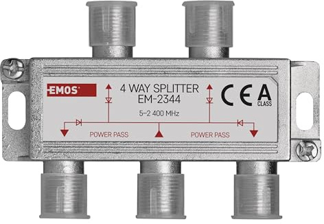 EMOS 4-Wege-Antennenverteiler A-Class - 4-Fach SAT-Splitter mit F-Buchse - voll geschirmt 7,5 dB - Frequenz 5-2400 MHz - 1 Eingang / 4 Ausgänge - SAT+TV Antennen Fernseh Verteiler mit DC-Durchlass