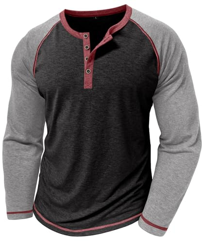 MakingDa Camisas Henley para hombre, manga larga raglán, ajustadas, con botones, bloque de color, para abuelo, informal, inteligente, Negro, L