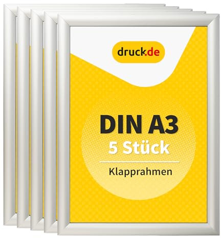 druck.de 5 Stück Klapprahmen A3-2,5cm Profil - Aluminiumrahmen | 5 Stück Klapprahmen A3, Aluminiumrahmen, 2,5cm Profil, Plakatrahmen für Poster und Aushänge, Wandmontage