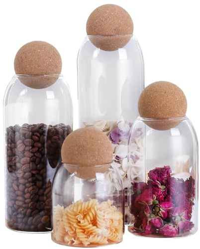 LDXDRU 4 Pack Glass Storage Jar with Cork Ball, Clear Tea Coffee Sugar Canisters, Airtight Food Storage Canister For Spices Biscuits Candies Kitchen - 500ml, 800ml, 1200ml, 1500ml