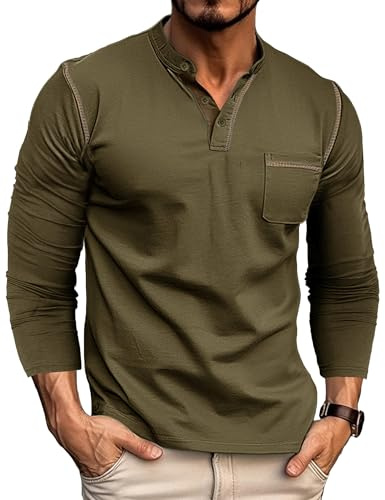 Mens Henley T-Shirts Cotton Long Sleeve T Shirt Casual Grandad Shirt Tops