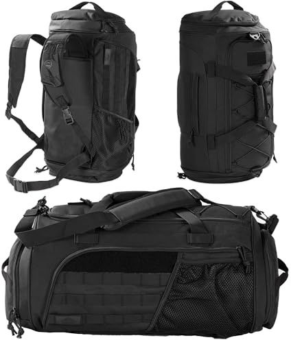 60L Militär-Duffel-Rucksack, Hochwertige Sporttasche & Reisetasche mit Mehreren Fächern (inkl. Schuhfach & Nass-Trocken-Trennfach), Verstellbarem Schultergurt & MOLLE-System, Schwarz