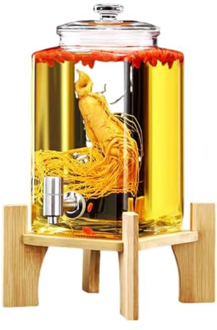 Dispensador de bebidas de vidrio de 2.5L/5L/10L con grifo de acero inoxidable y soporte de madera Para bebidas frías, limonada, cerveza y jugos Ideal para la oficina y camping,5L