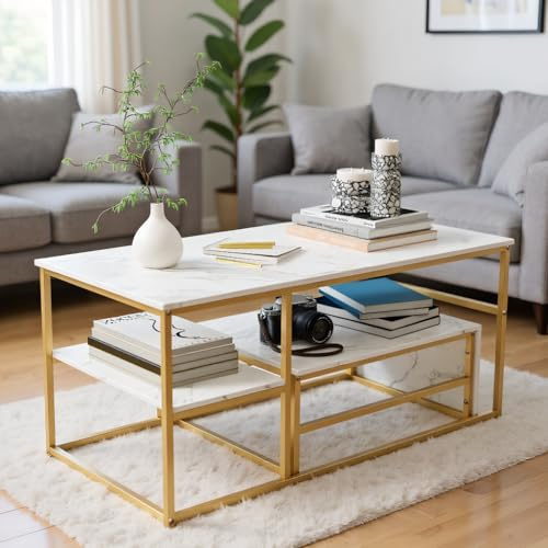 MISNODE Set med 2 moderna stapelbara soffbord, rektangulärt soffbord med sidobord, vitguld-B