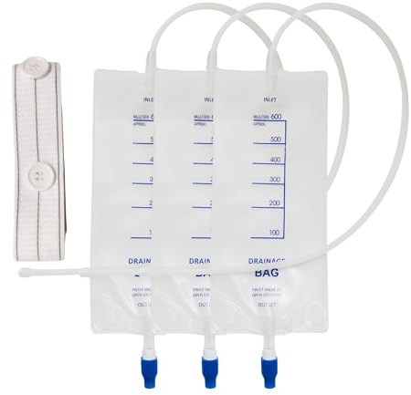 3-Pack 600ml Clear Nephrostomy Bags, Urine Drainage Bag with 24 inch Tube and Twist Drain Valve, Matching with 1-Pack 3.5cmx110cm Reusable Waist Belt