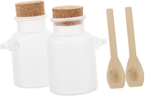 HOODANCOS Leere Badesalzflaschen aus Pp mit Korkverschluss und Holzlöffel 300g Aufbewahrungsbehälter für Kosmetikpulver Tragbare Verpackungsflaschen für Gesichtsmaskenpulver