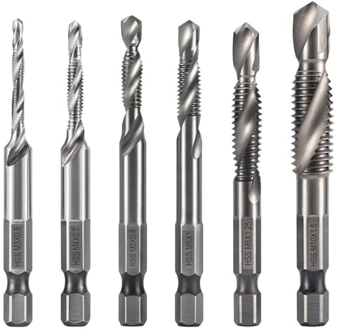 6PCS HSS Drill Bit Set, Combination Drill and Tap Set with Anti-Rust Black Coating M3 M4 M5 M6 M8 M10 Metric Thread 1/4”Quick Change Hex Shank Metal Stubby Drill Bits Short for Used in Tight Spaces