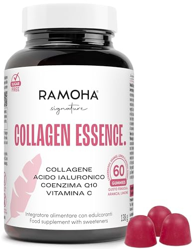 RAMOHA Collagene idrolizzato VERISOL 2500 mg, Integratore Collagene e Acido Ialuronico con Q10, 60 Gummies, per Elasticità, Tonicità della Pelle con Vit. C, Biotina, Zinco e Selenio, Capelli e Unghie