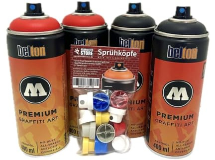 Molotow Premium Sprühdosen rot schwarz 4x400ml MATT inkl. Ersatzsprühköpfe
