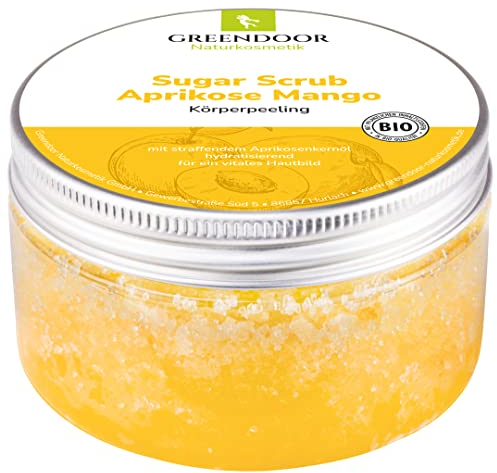 GREENDOOR Körperpeeling Sugar Scrub Aprikose Mango mit Provitamin A 230g, sanftes Zucker-Peeling ohne Farbstoffe Mikroplastik, Duschpeeling aus der Naturkosmetik Manufaktur, Body Scrub, Sauna-Zucker