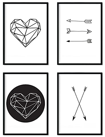 Nacnic - Set 4 Láminas Abstractas Artísticas Corazón y Flechas - Estilo Nórdico Minimalista Blanco y Negro - Posters y Cuadros Geométricos - Tamaño A3