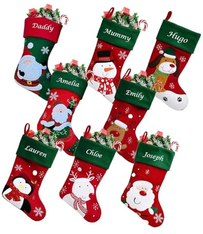 Hoolaroo Personalised Christmas Stockings Custom Red Green Embroidered Christmas Stocking Name Satin Lining - GC2 Santa Gift - Xmas (40cm) Decorations
