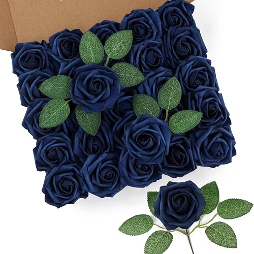 DuHouse 25 st konstgjorda rosor blommor falska rosor med stjälkar äkta beröring skumblommor för gör-det-själv bröllopsbukett babyshower bordsuppsats blomsterarrangemang fest heminredning (marinblå) | Realistiska skumrosor med stjälkar, gör-det-själv bröllopsbukett, mittpunkt, blomsterarrangemang, fest heminredning