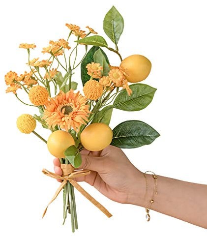 BELUAPI Romantische künstliche Pfingstrose, Sonnenblume, Hochzeitsstrauß mit gelber Zitrone, 25,4 cm, Brautjungfer, Blumenstrauß, Brautstrauß, Vintage-Blumenstrauß für Tischdekoration, Innendekoration