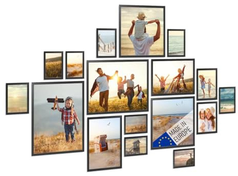 PHOTOLINI Bilderrahmen-Set Schwarz, Holzbilderrahmen Made in EU, 17er Rahmenset, 10x15 bis 30x40 cm, bruchsicheres Acrylglas, zum Aufhängen, extra Zubehör - für Ihre liebsten Fotos & Bilder