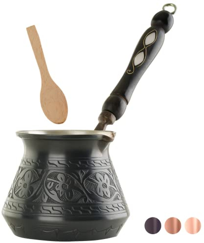 BCS 12 oz Handmade Copper Turkish Coffee Pot, Hand-Engraved Cezve & Spoon