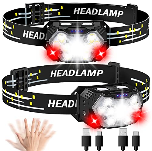 Lsnisni Stirnlampe LED Wiederaufladbare 2 Stück, Rotlicht&Bewegungssensor, Kopflampe 2000 Lumen Aufladbar, 6 Lichtmodi, IPX5 Wasserdichte für Kinder und Erwachsene Camping, Joggen, Angeln