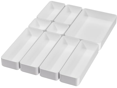 9-teiliges Schubladen-Organizer-Tabletts-Set, multifunktional, stapelbar, für Schlafzimmer, Badezimmer, Küche, Schreibtisch, Büro, Schubladen-Organizer. Kunststoff-Aufbewahrungsboxen in 5 Farben, Weiß | Kosmetik, kurz, Büro, Kunststoff, stapelbar, Aufbewahrung, Qualität, Make-up, Wohnheim, Küche