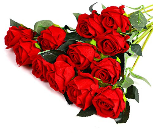 SULOLI 12PCS Artificial Roses,Single Long Stem Fake Rose Silk Bridal Wedding Bouquet Realistic Flower for Home Garden Party Hotel Office Decor(Red)
