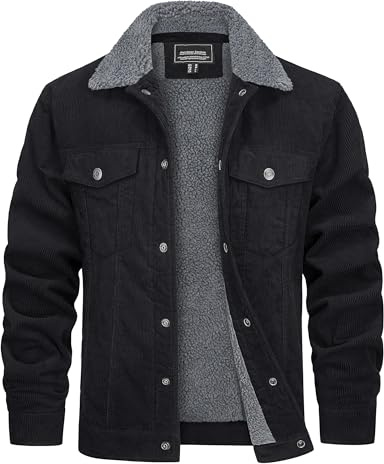 TACVASEN Mens Casual Jacket Winter Warm Sherpa Fleece Lined Trucker Cargo Cotton Outwear Corduroy Jacket Men