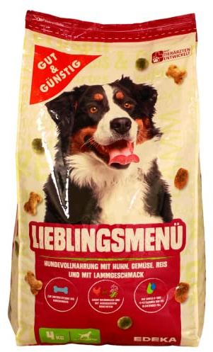 Gut & Günstig Lieblingsmenü Hundevollnahrung mit Huhn, Gemüse, Reis und Lammgeschmack, 4er Pack (4 x 4 kg)