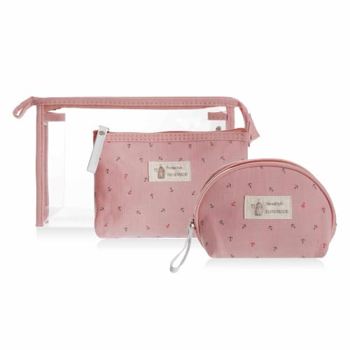Sonia Originelli Kosmetiktasche Set 3-teilig maritim Kulturtasche Damen | Mit transparenter Tasche Necessaire & Beauty Case im Anker-Look Reise-Organizer fürs Handgepäck-Rosa