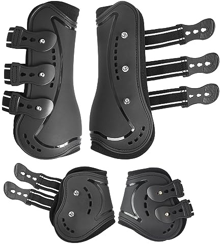 HackFond Horse Tendon Boots, Fetlock Boots & Open Front Boots for Jumping, Set of 4, Horse Protection Leg Guard, Black, Horse Size Large