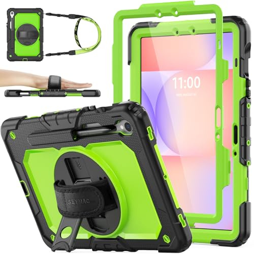 SEYMAC Stock Funda para Samsung Galaxy Tab S10 Lite/ S10 FE/ S9 FE/ S9 | Funda Resistente con Protector de Pantalla [Soporte/Correa de Mano Giratorio de 360°] Portalápices y Bandolera, Vert