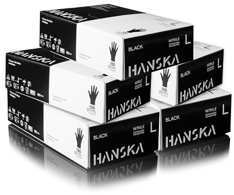 HANSKA Paquete de 500 Guantes desechables de nitrilo negros – Sin polvo – Desechar – No estériles – Base de goma – Apto para ámbitos médicos, manipulación de alimentos (500, L)