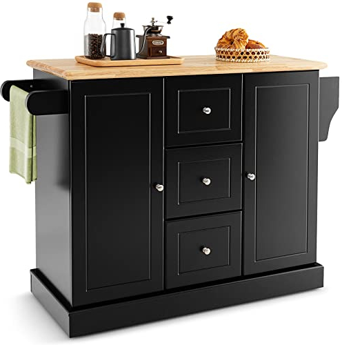 TANGZON Large Kitchen Island on Wheels, Rolling Storage Trolley with 2 Cabinets, 3 Drawers, Adjustable Shelves, Rubber Wood Worktop, Spice & Towel Rack, Utility Serving Cart for Dining Room (Black)