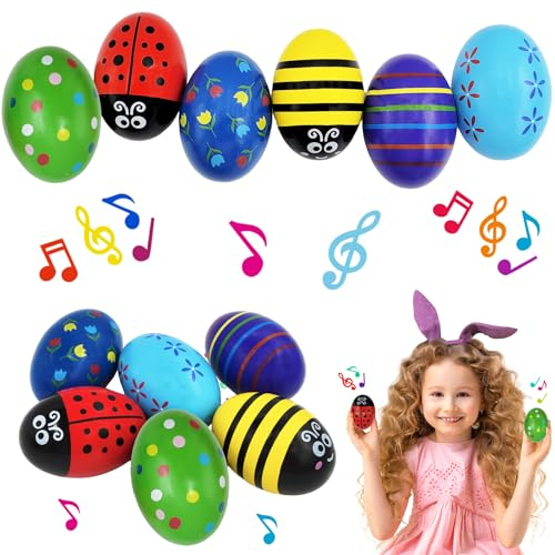 Chochkees 6-Pack Large Smooth Painted Wooden Easter Eggs Shakers with Rattle, Precussion Wooden Egg Shakers Maracas Perfect for Easter Crafts, Décor and Egg Hunts in Carton, 2.7 Inches