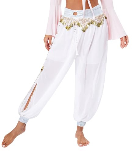 CHICTRY Bauchtanz Hose Damen Lang Chiffon Tribal Arabische Prinzessin Hose Pailletten Münzen Haremshose Pluderhose Aladinhose Pilates Pants Faschingskostüm