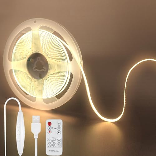 Clearhill 5V USB COB luces de tira led con interruptor dimmable remoto, 9.84FT / 3M, blanco cálido 3000K, 320LEDs / M, ancho de 8mm, no impermeable IP20, cable de interruptor USB de 1.5M