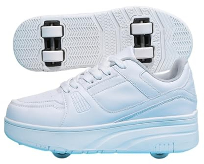 Mateju Chaussures à roulettes Fille Garçon, 2 en 1 Patins à roulettes Retractable Enfant avec 4 roulettes Chaussures de Skateboard Réglables Adolescents pour Intérieur Extérieur 33 EU Blanc
