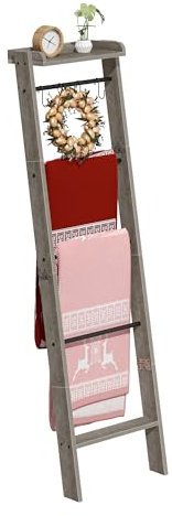 Hzuaneri Blanket Ladder Shelf, Decorative Quilt Rack, 6-Tier Farmhouse Ladder Holder Organizer with 4 Removable Hooks 7.9 D x 17.3 W x 63.4 H, Greige BR35805B