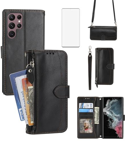Asuwish Funda para Samsung Galaxy S22 Ultra 5G, funda con cinta protectora de pantalla, tarjetero, plegable, piel, monedero, soporte S 22 S22Ultra 4G, funda protectora de cristal para teléfono móvil,