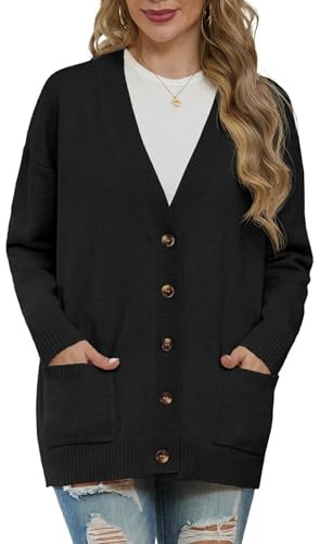GRECERELLE - Cardigan da donna, maglioni lavorati a maglia invernali, cardigan a manica lunga con bottoni, scollo a V, taglia forte, con tasca, 01 Nero, XL