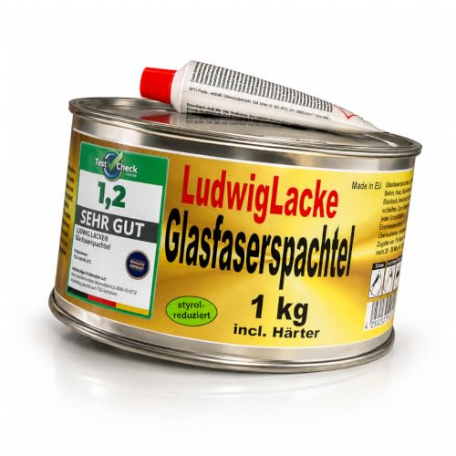 Ludwig Lacke® Glasfaserspachtel 1 kg inkl. Härter [Made in Germany] – Glasfaser Reparaturspachtel für Auto Karosserie GFK Metall Holz – Füllspachtel verstärkt & leicht schleifbar