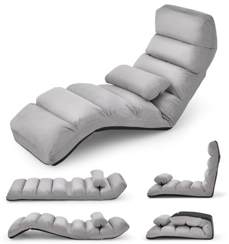 FANTASK Relaxliege klappbar, Bodenstuhl mit Verstellbarer Rückenlehne, Bodenliege mit Schlaffunktion, Bodensofa, Bodensessel für Gaming, Schlafen, Lesen, Grau, Extra breit