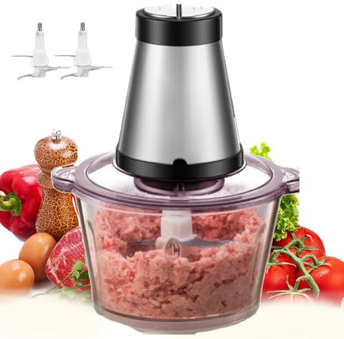 Mini Robot culinaire, Hachoir à Viande électrique 300 W avec Bol en Verre de 2 L et 2 Lames à Deux Niveaux, Hachoir à Viande Domestique à 2 Vitesses de contrôle pour Viande, Smoothie, oignons, Fruits